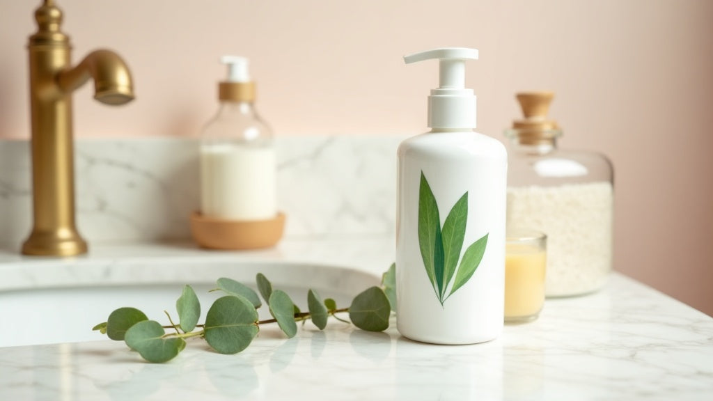 Best conditioner for dry hair UK on a marble vanity with eucalyptus and coconut oil