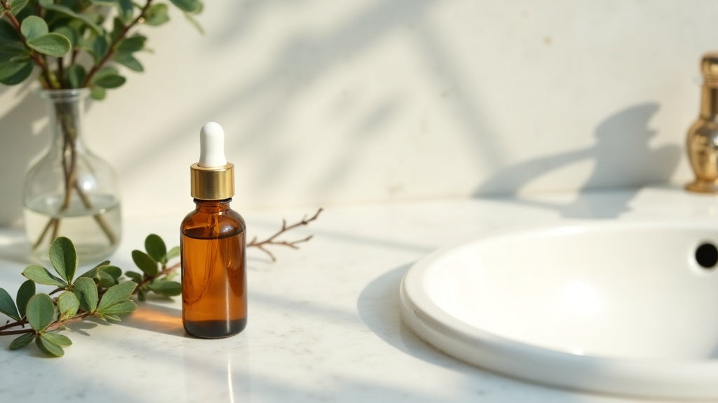 Anti-ageing serum UK on marble vanity with eucalyptus sprig