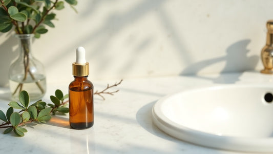Anti-ageing serum UK on marble vanity with eucalyptus sprig