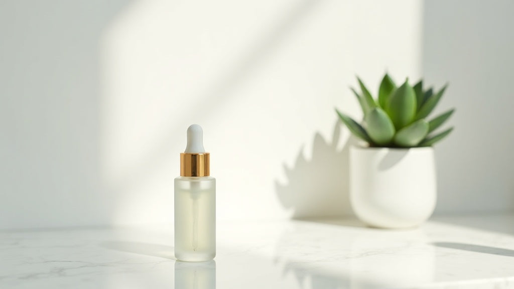 Vitamin C serum bottle on marble vanity with soft morning light - vitamin C serum benefits UK