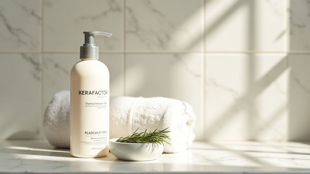 Kerafactor shampoo bottle on a marble vanity with a white towel and rosemary sprig, natural morning light, editorial style.