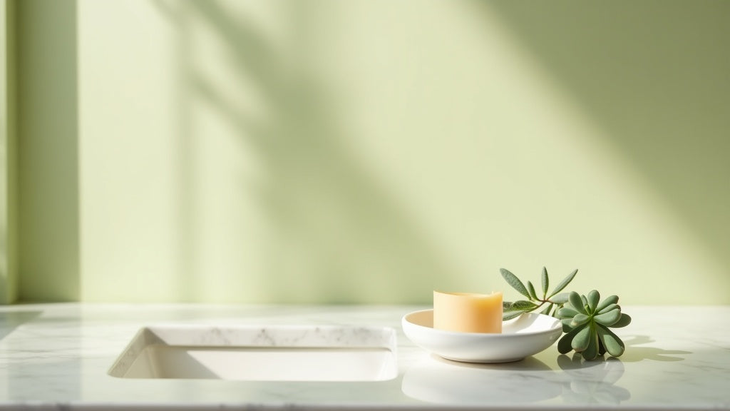 Aluminium free deodorant on a marble vanity with eucalyptus and succulent