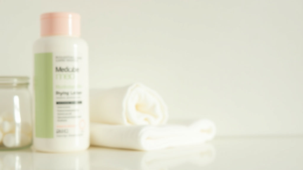 Medicube 3H Drying Lotion bottle on a bathroom shelf with cotton pads