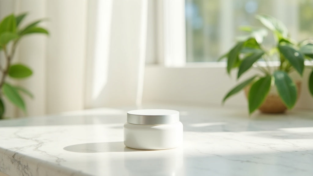 Barrier repair cream jar on marble vanity with plant in UK editorial style