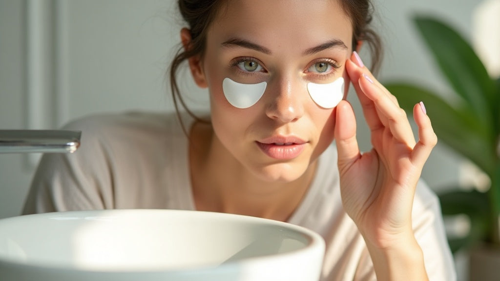Woman applying Medicube PDRN eye patch in bright bathroom, dewy skin, morning skincare routine