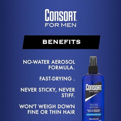 Consort Extra Hold Unscented Non-Aerosol Hairspray - 8 oz | Strong Hold, No Scent, Pump Spray Avelisse