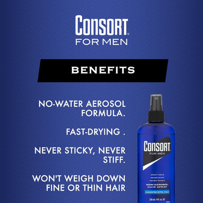 Consort Extra Hold Unscented Non-Aerosol Hairspray - 8 oz | Strong Hold, No Scent, Pump Spray Avelisse