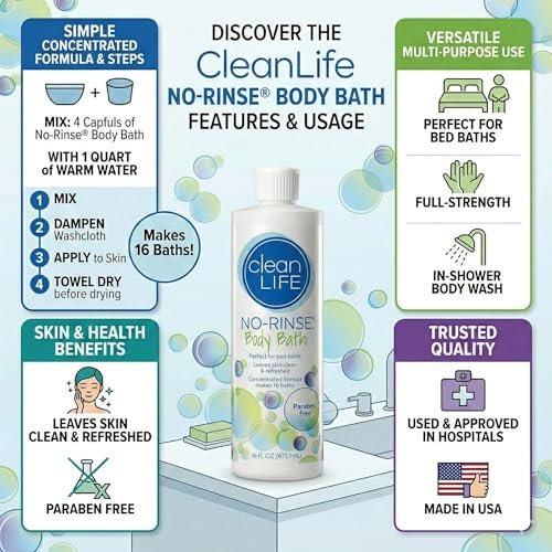 No-Rinse CleanLife Products Body Bath, 16 fl oz – Gentle, Concentrated Liquid Body Wash for Post-Surgery, Elderly Care, Camping, and Travel (Makes 16 Complete Baths) - görsel 3