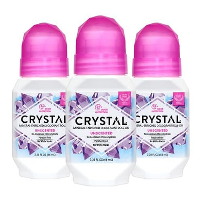 Crystal Essence Mineral Roll-On Deodorant Unscented 3-Pack - Natural Vegan Deodorant for Women and Men, 2.25 fl oz Each