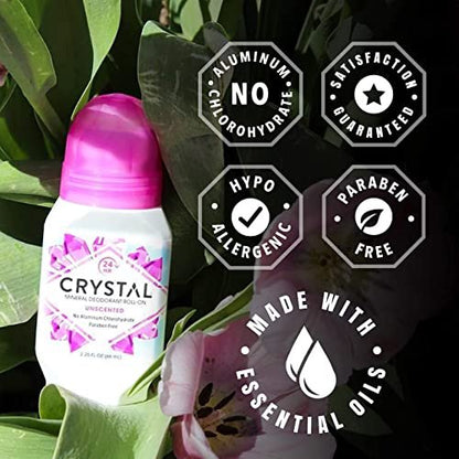 Crystal Essence Mineral Roll-On Deodorant Unscented 3-Pack - Natural Vegan Deodorant for Women and Men, 2.25 fl oz Each