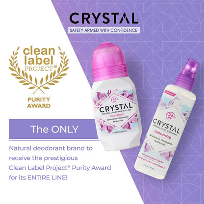 Crystal Essence Mineral Roll-On Deodorant Unscented 3-Pack - Natural Vegan Deodorant for Women and Men, 2.25 fl oz Each