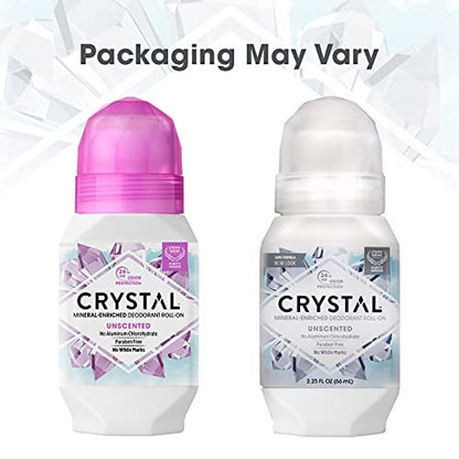 Crystal Essence Mineral Roll-On Deodorant Unscented 3-Pack - Natural Vegan Deodorant for Women and Men, 2.25 fl oz Each