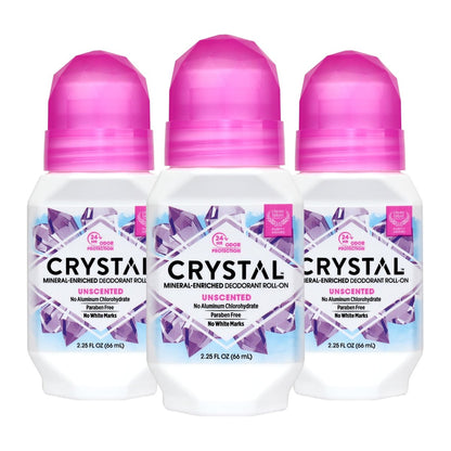 Crystal Essence Mineral Roll-On Deodorant Unscented 3-Pack - Natural Vegan Deodorant for Women and Men, 2.25 fl oz Each