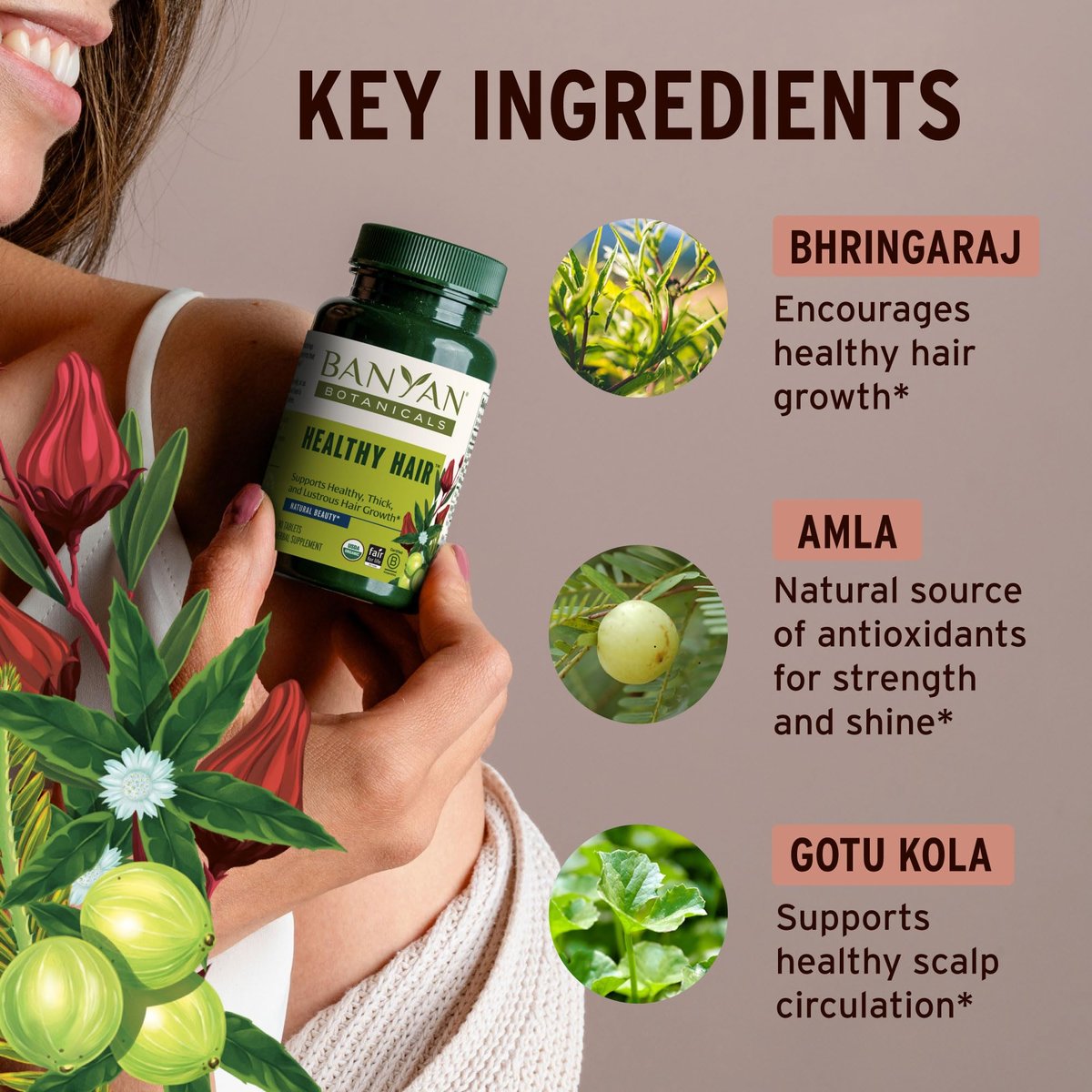 Banyan Botanicals Organic Healthy Hair Supplement – Bhringaraj, Amla & Brahmi for Thickness, Shine & Scalp Health – 90 Tablets Avelisse