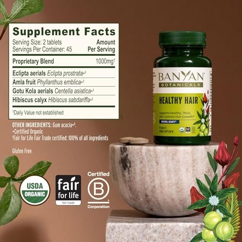 Banyan Botanicals Organic Healthy Hair Supplement – Bhringaraj, Amla & Brahmi for Thickness, Shine & Scalp Health – 90 Tablets Avelisse