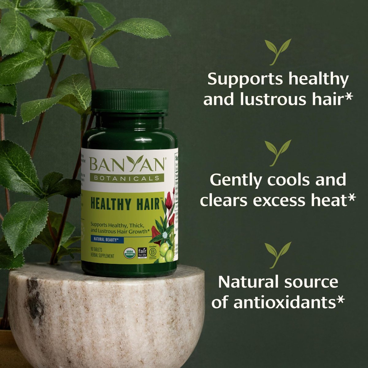 Banyan Botanicals Organic Healthy Hair Supplement – Bhringaraj, Amla & Brahmi for Thickness, Shine & Scalp Health – 90 Tablets Avelisse