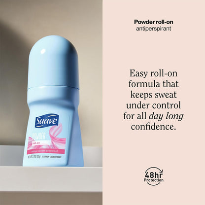 Suave Roll-On Deodorant for Women, Powder Fresh Scent – Antiperspirant Deodorant with 24H Sweat & Odor Protection, 2.7 Oz