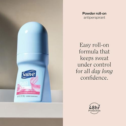 Suave Roll-On Deodorant for Women, Powder Fresh Scent – Antiperspirant Deodorant with 24H Sweat & Odor Protection, 2.7 Oz