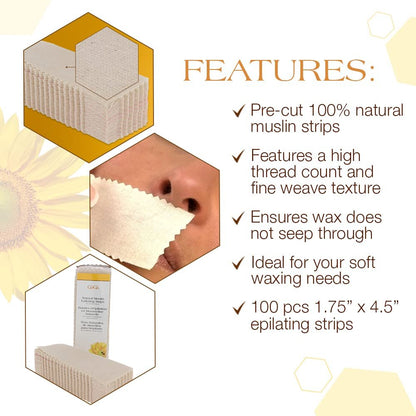 GiGi Waxing Strips for Hair Removal - Small Natural Muslin, 100 Epilating Strips