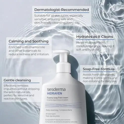 Sesderma HIDRAVEN Foamy Soap-Free Cream Cleanser - Gentle Facial Wash for Sensitive Skin with Natural Plant Extracts, 10.2 fl oz Avelisse