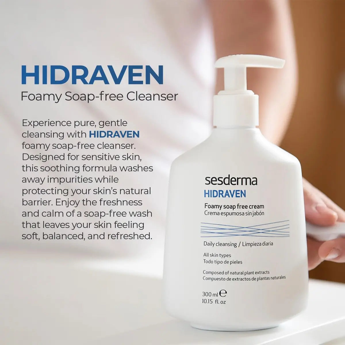Sesderma HIDRAVEN Foamy Soap-Free Cream Cleanser - Gentle Facial Wash for Sensitive Skin with Natural Plant Extracts, 10.2 fl oz Avelisse