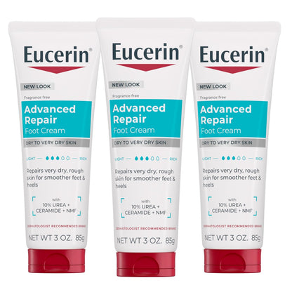 Eucerin Advanced Repair Foot Cream for Dry Feet and Heels – 3 Oz Tube, Pack of 3