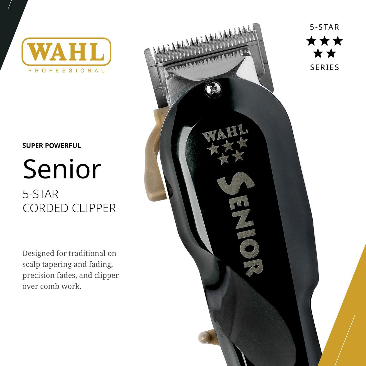 Wahl Professional 5 Star Senior Clipper - V9000 Motor, Adjustable Taper Lever, 3 Cutting Guides - Black Avelisse