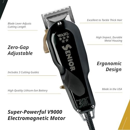 Wahl Professional 5 Star Senior Clipper - V9000 Motor, Adjustable Taper Lever, 3 Cutting Guides - Black Avelisse