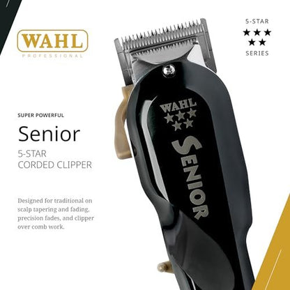 Wahl Professional 5 Star Senior Clipper - V9000 Motor, Adjustable Taper Lever, 3 Cutting Guides - Black Avelisse