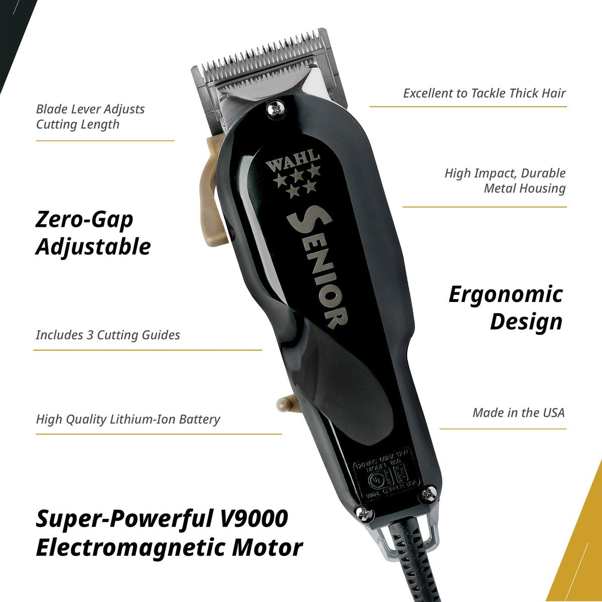 Wahl Professional 5 Star Senior Clipper - V9000 Motor, Adjustable Taper Lever, 3 Cutting Guides - Black Avelisse