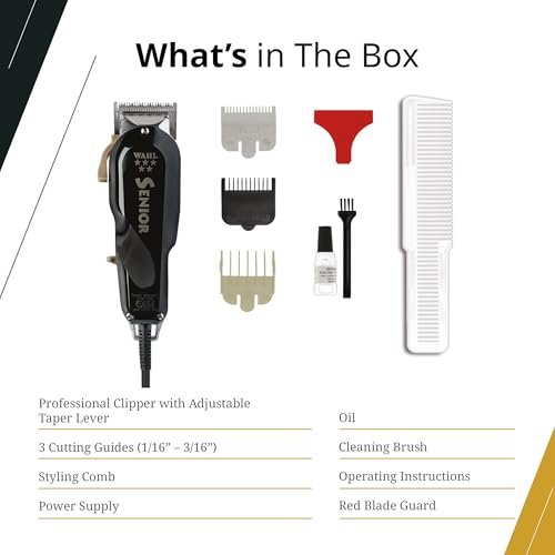 Wahl Professional 5 Star Senior Clipper - V9000 Motor, Adjustable Taper Lever, 3 Cutting Guides - Black Avelisse