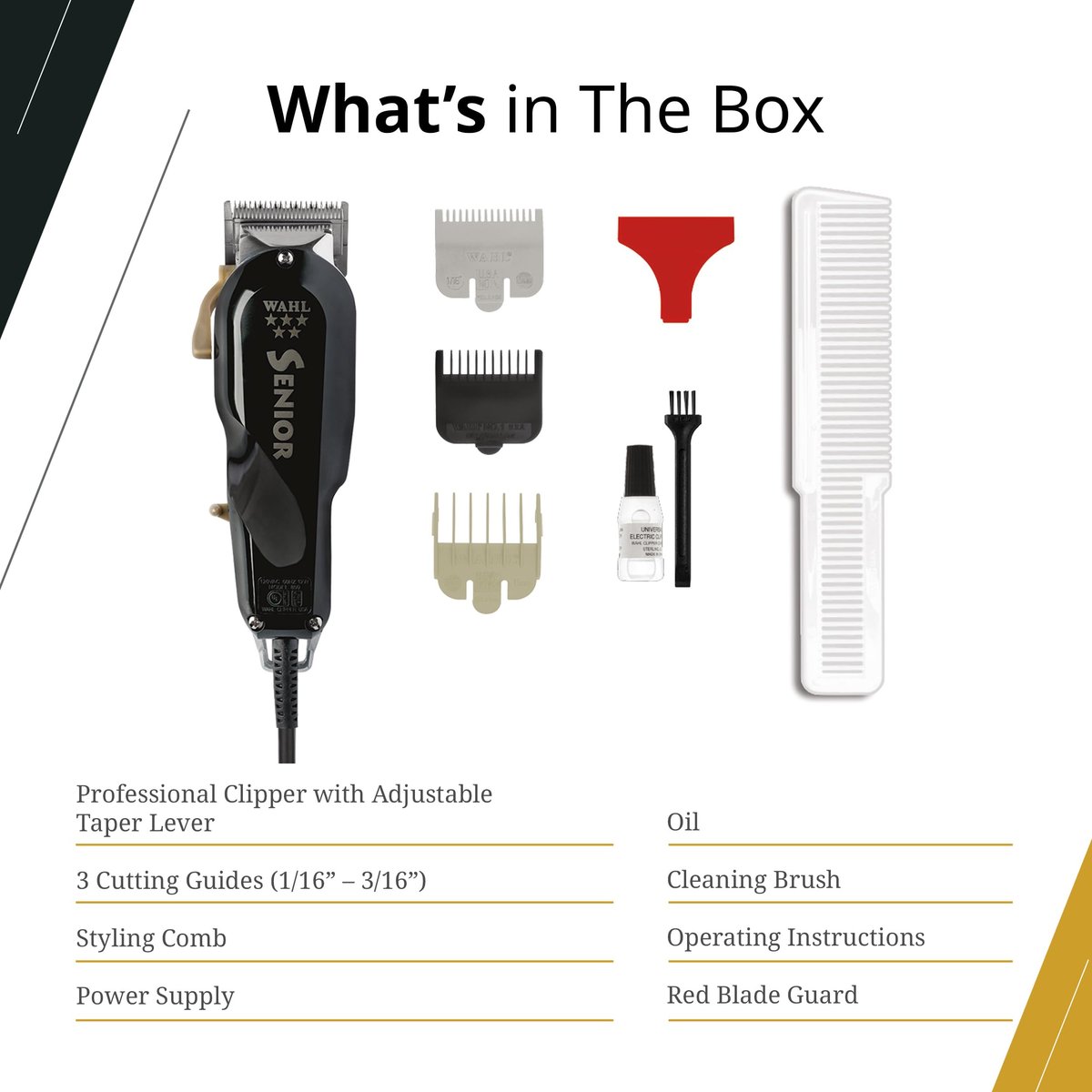 Wahl Professional 5 Star Senior Clipper - V9000 Motor, Adjustable Taper Lever, 3 Cutting Guides - Black Avelisse