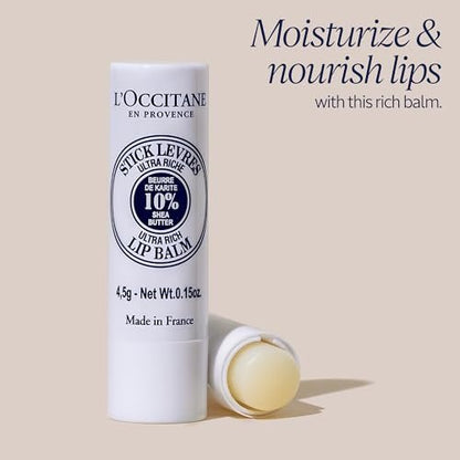 L'OCCITANE 10% Organic Shea Butter Ultra Rich Lip Balm Stick - Moisturizes, Nourishes & Repairs Dry, Chapped Lips - Long Lasting, Vegan