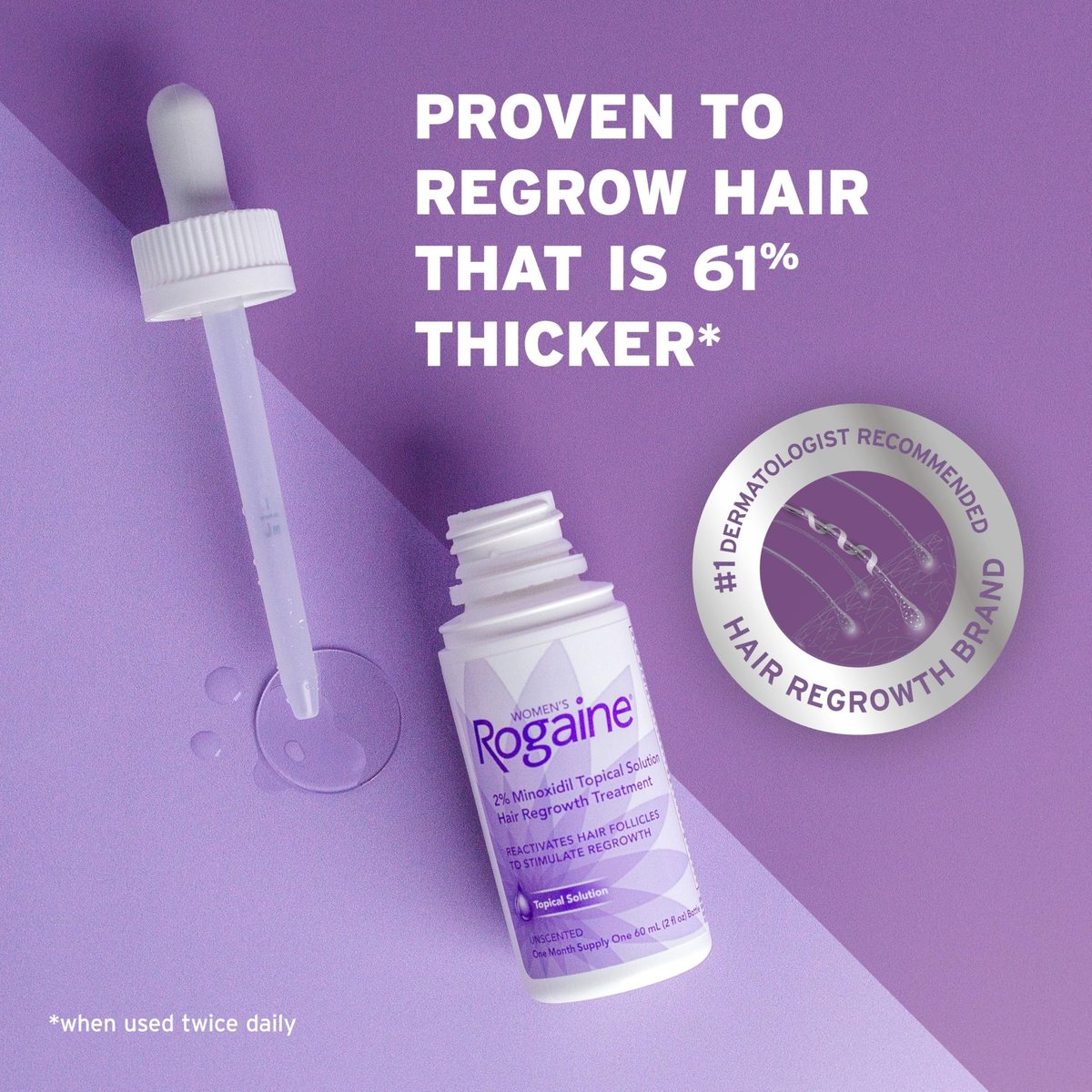 Women's Rogaine 2% Minoxidil Topical Solution for Hair Regrowth, Unscented, 2 fl. oz (1-Month Supply) Avelisse