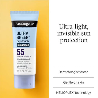 Neutrogena Ultra Sheer Dry-Touch Sunscreen SPF 55 for Face & Body, Lightweight Non-Greasy Broad Spectrum UVA/UVB Protection, No White Cast, Water Resistant (80 Min) Travel Sunscreen Lotion, 3 fl oz Avelisse