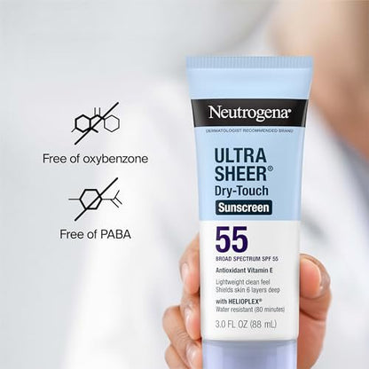 Neutrogena Ultra Sheer Dry-Touch Sunscreen SPF 55 for Face & Body, Lightweight Non-Greasy Broad Spectrum UVA/UVB Protection, No White Cast, Water Resistant (80 Min) Travel Sunscreen Lotion, 3 fl oz Avelisse