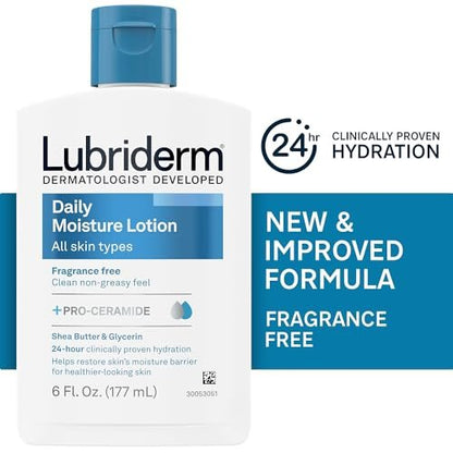 Lubriderm Daily Moisture Unscented Body Lotion for Normal to Dry Skin, 16 fl oz | Fragrance-Free with Vitamin B5