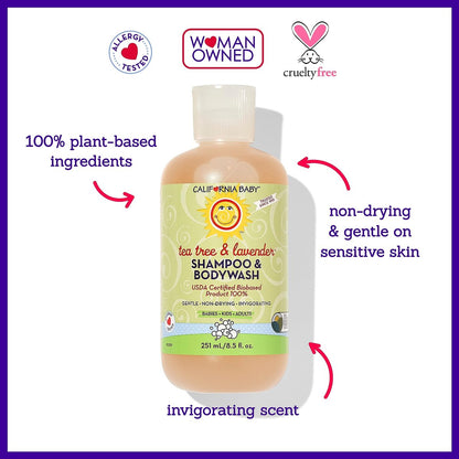 California Baby Tea Tree & Lavender Baby Wash + Shampoo – 100% Plant-Based, Hypoallergenic for Sensitive Skin (8.5 oz)