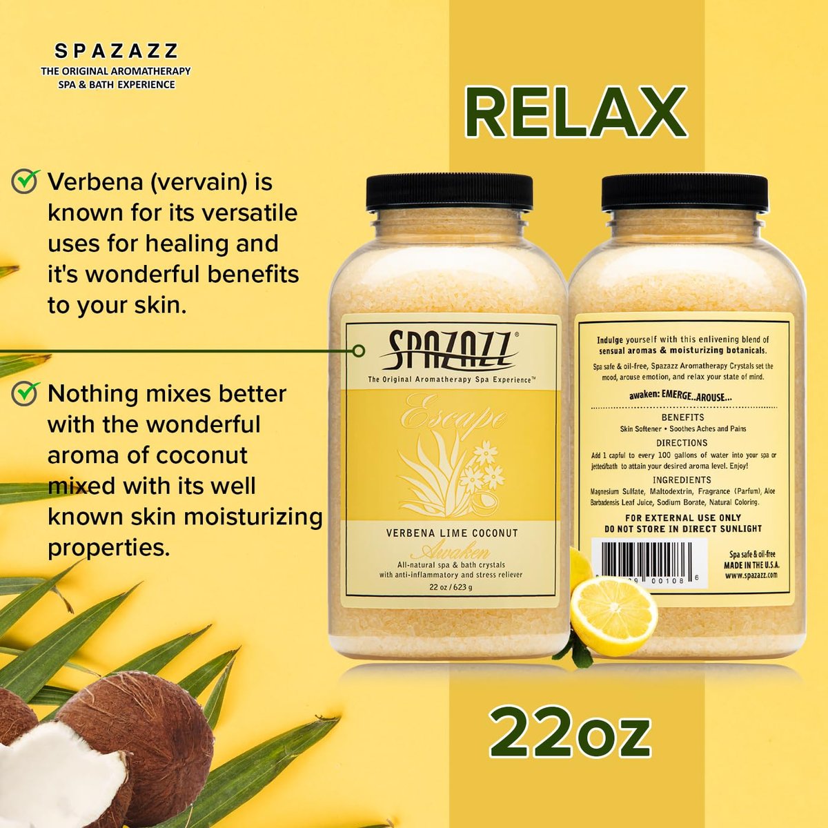 Spazazz Lime Coconut Bath Crystals – 22 oz Spa-Quality Bath Salts for Relaxation & Muscle Relief Avelisse