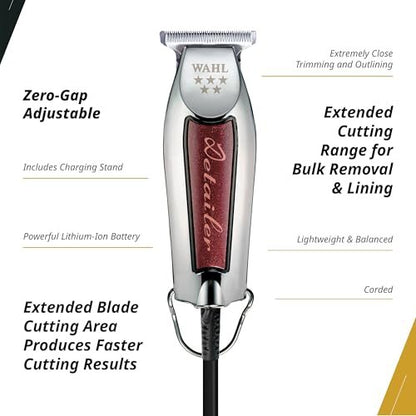 Wahl Professional Detailer Trimmer, Burgundy, Adjustable T-Blade, Corded Lightweight Rotary Motor, Includes 3 Guides and Accessories Avelisse