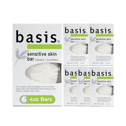 Basis Sensitive Skin Bar Soap – Unscented, 4 oz (Pack of 6) – with Chamomile & Aloe Vera for Gentle Cleansing