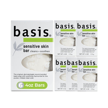 Basis Sensitive Skin Bar Soap – Unscented, 4 oz (Pack of 6) – with Chamomile & Aloe Vera for Gentle Cleansing