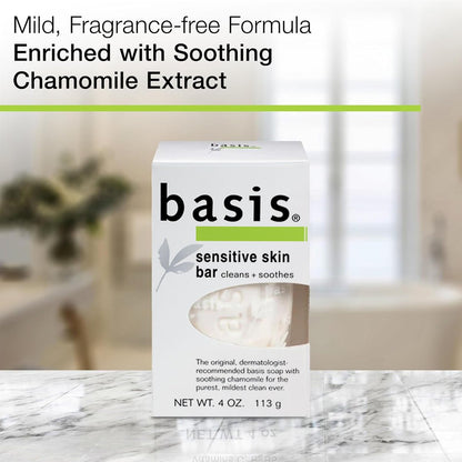 Basis Sensitive Skin Bar Soap – Unscented, 4 oz (Pack of 6) – with Chamomile & Aloe Vera for Gentle Cleansing