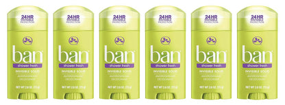 Ban Antiperspirant Deodorant Invisible Solid, Shower Fresh, 2.6 oz (Pack of 6) – Long-Lasting Odor & Wetness Protection for Women and Men