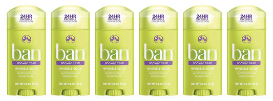 Ban Antiperspirant Deodorant Invisible Solid, Shower Fresh, 2.6 oz (Pack of 6) – Long-Lasting Odor & Wetness Protection for Women and Men