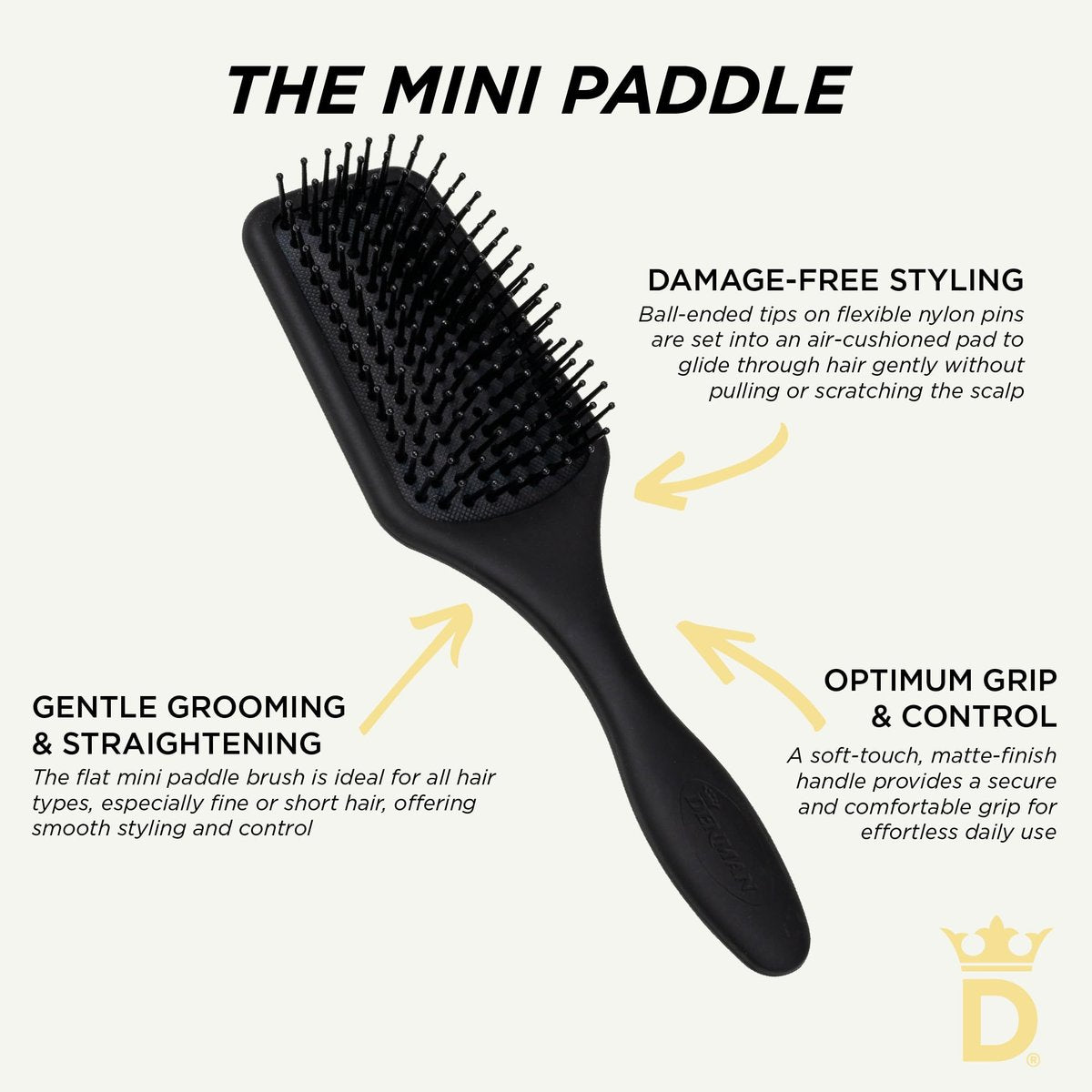 Denman D84 Mini Paddle Cushion Hair Brush – Black, Travel-Friendly Detangling & Blow-Drying Brush for Smooth, Straight Styles Avelisse