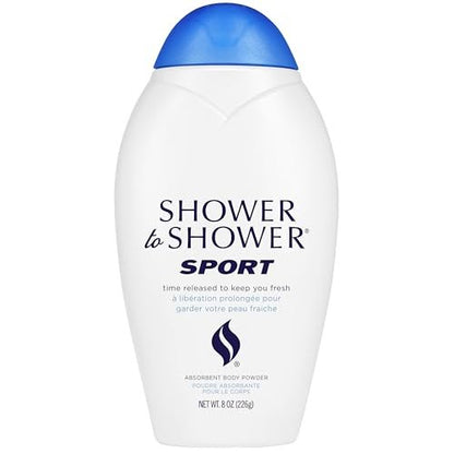 Shower to Shower Sport Body Powder for Men & Women, Talc Free, Sweat Absorbing, Prevents Chafing & Odor, Deodorizing All Over Body Powder for Long Lasting Freshness, 8 OZ