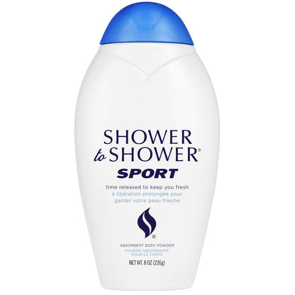 Shower to Shower Sport Body Powder for Men & Women, Talc Free, Sweat Absorbing, Prevents Chafing & Odor, Deodorizing All Over Body Powder for Long Lasting Freshness, 8 OZ
