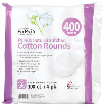 ForPro Pure & Natural Stitched Cotton Rounds for Face (400-Count) - 100% Pure Cotton Makeup Remover Pads, Hypoallergenic, Lint-Free, Vegan & Cruelty-Free