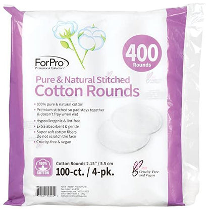 ForPro Pure & Natural Stitched Cotton Rounds for Face (400-Count) - 100% Pure Cotton Makeup Remover Pads, Hypoallergenic, Lint-Free, Vegan & Cruelty-Free